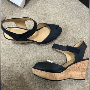 Nine West Black Platform Wedge Sandals – Cork Heel – Peep Toe - Size 6 1/2